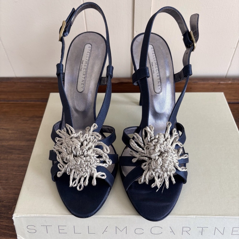 NEW Stella McCartney  Satin Black Size 38 US 8 Ankle Strap Silver Flower Heels